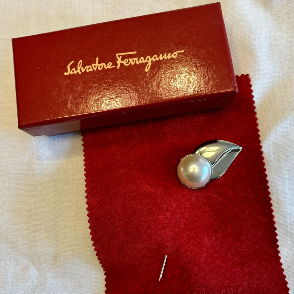 Salvatore Ferragamo Silver and Pearl Brooch
